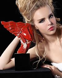 Modern Red Jasper & Black Obsidian Carved Crystal Woman Sculpture Black  Obsidian Base