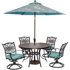Hanover Traditions 5 Piece Outdoor Round Patio Dining Set 4 Swivel Rockers Umbrella And Base With Blue Cushions Traddn5pcsw B Su The Home Depot Patio Dining Set Outdoor Dining Set Outdoor Dining