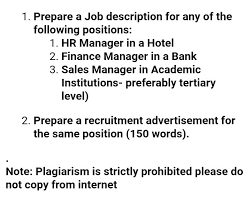 Finance managers are business specialists who manage important financial functions of an organization. Solved 1 Prepare A Job Description For Any Of The Follow Chegg Com