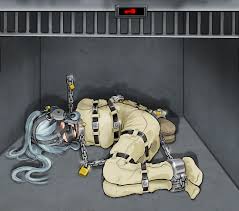 ravenor11, 1girl, bdsm, blindfold, bondage, bondage mittens, bound, chain,  earmuffs, female focus, full body, gag, gagged, immobilization, isolation,  lying, panel gag, prisoner, sensory deprivation, solo - Image View - |  Gelbooru -