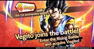 Dragon ball legends lets you bring together characters from throughout the dragon ball universe and slaps them all in one place for you to play with. Dragon Ball Legends On Twitter 4 Days Until The 1st Anniversary Rising Battle Vegito Is Coming Strategically Challenge New Stages As They Re Released To Get The Event Limited Sparking Vegito Vegito S Powerful Main