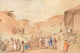 Bonhams : James Atkinson (British, 1780-1852) Entrance into the Kajak Pass from Parush; The First Descent through the Kajak Pass; The Entrance into Caubul from Killa-Kazee; A Street in the Bazar at