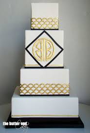 Art Deco Black And Gold Drip Cake Art Deco Black White And Gold Wedding Cake With Custom Monogram By The Butter End Cakery White And Gold Wedding Cake White Wedding Cakes Gold Wedding Cake