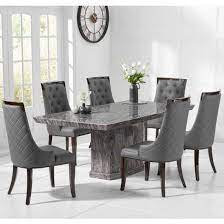 The rectangle table shape will easily fit in your dining room. Hamlet Marble Dining Table Rectangular In Grey Is Remarkably Luxurious With A Clean Design And Gray Dining Chairs Dining Table Marble Marble Dining Table Set
