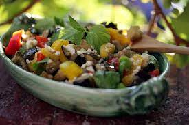 Eggplant Salad With Peppers Mint And Caper Feta Vinaigrette Recipe Recipe Vinaigrette Recipes Cooked Vegetables Stuffed Peppers