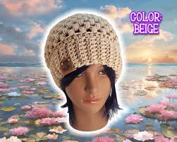 Slouchy Puff Stitch Beanie, Custom Made Handmade Crochet, Boho Hippy unisex Beanie, Knit Crochet Tam, Free Customizations, Beige Slouch Hat