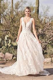 Style 66163 A Line Gown With Plunging Illusion Sabrina Neckline And Low Back Lillian West Lillian West Wedding Dress Boho Bridal Dress A Line Wedding Dress