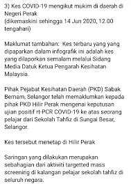 Pengarah kesihatan negeri perak, datuk dr ding lay ming berkata, hasil siasatan mendapati berlaku ketidakpatuhan dalam proses kerja apabila pihak pengurusan ppv tersebut telah menerima masuk warga tempatan yang memohon mendapatkan vaksin awal kerana dipanggil semula menyambung pengajian di luar negara tanpa mendapat tarikh janji temu melalui mysejahtera. Moh Duduk Rumah Twitterissa Terkini Satu Kes Semasa Baharu Positif Covid 19 Dicatatkan Di Mukim Hutan Melintang Sentiasa Patuh Sop Yang Telah Ditetapkan Jaga Kebersihan Kome Sumber Jabatan Kesihatan Negeri Perak