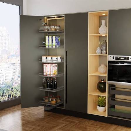 Modern plywood kitchen storage with soft close drawers shutters and pull out pantry