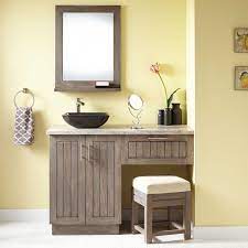 The modern and traditional solution in one beautiful arrangement. 48 Montara Teak Vessel Sink Vanity With Makeup Area Gray Wash Bathroom Redecorating Vanity Sink Vessel Sink Vanity
