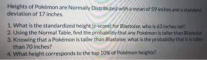 In this case we should multiply 59 inches by 0.083333333333333 to get the equivalent result in feet: Solved Heights Of Pokemon Are Normally Distributed With A Chegg Com