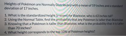 In this case we should multiply 59 inches by 0.083333333333333 to get the equivalent result in feet: Solved Heights Of Pokemon Are Normally Distributed With A Chegg Com