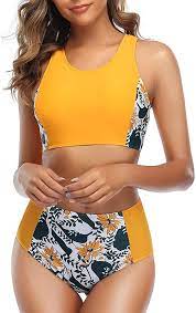 Amazon Com Tempt Me Women High Waisted Bikini 2 Piece High Neck Swimsuit Yellow Flower M Clothing High Waisted Bikini Bikinis Sporty Bikini