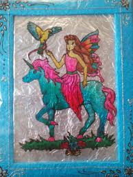 Glass Painting On An Ohp Sheet With Foil Paper As Background Topic Girl Sitting On A Unicorn Calling A Bird Painting Glass Painting Vintage Colors