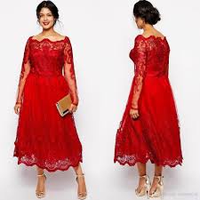 Plus Size Red Prom Dresses Long Sleeves Lace Applique Evening Dress Tea Length New Arrival 201 Maxi Dress Wedding Tea Length Formal Dresses Red Lace Prom Dress