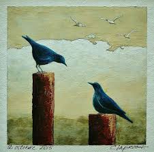 Black Birds In Painting Black Bird Painting Bird Wall Art Blackbirds Birds On Fence Post White Clouds Original 6x6 Inches Acrylic Painting Within 11x14 Mount Painting Bird Wall Art Birds Painting