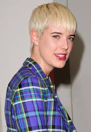 Asymmetrical bob with highlights ; Girl With Short Blonde Hair