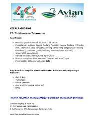 January 5, 2015 admin 0 comments. Lowongan Kerja Pt Tirtakencana Tatawarna Solo Kepala Gudang Loker Swasta