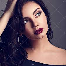 15 gorgeous makeup looks for blue eyes | stayglam. Beautiful Bright Makeup Blue Eyes Woman With Long Black Curly Volume Black Hair Style Burgundy Lipstick With Vamp Looking Up On Grey Background Closeup Toned Portrait Image Stock By Pixlr