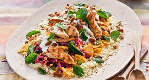 Be the first to rate & review! Seared Chicken And Couscous Salad Wth Orange Almonds And Sultanas Recipe Couscous Salad Chicken Couscous Salad Healthy Dishes