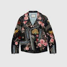 Gucci Veste Motard En Cuir Peint A La Main Painting Leather Embroidered Leather Jacket Floral Leather Jacket