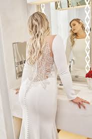 Style 8936 Crepe Long Sleeve Wedding Dress With Beaded Illusion Back Justin Alexander