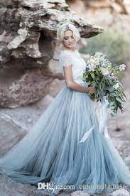 Discount 2017 Fairy Beach Boho Lace Wedding Dresses High Neck A Line Soft Tulle Cap Sleeves Backless Light Blue Skirts Plus Size Bohemian Bridal Gown Vintage In Wedding Dresses Lace Blue