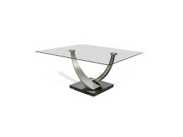 Traditional style square coffee table, tapered legs and raised tempered glass top on brushed nickel posts. Fosters Furniture Elite Modern Tangent Dining Table 342sqr
