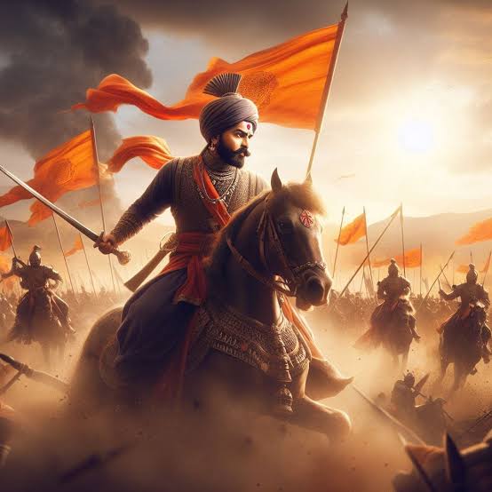 Maratha warrior in battle with orange flags