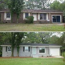 View interior and exterior paint colors and color palettes. Brick Ranch Exterior Makeover Painted Brick Hgtv Sherwin Williams Hammered Zinc Gray Ranch House Exterior Brick Ranch Exterior Makeover Painted Brick House