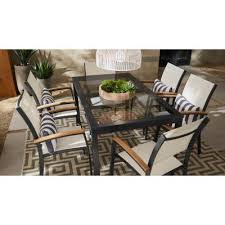 Hampton Bay Baymont 7 Piece Aluminum Patio Outdoor Patio Dining Set With Smoked Glass Table Top And Sling Dining Chairs 207 317 7d Sg2p The Home Depot Patio Dining Set Glass Top Table Smoked Glass