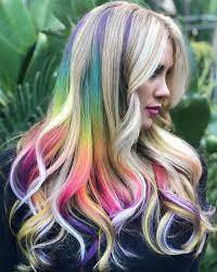 Prettiest Rainbow Hair Color On Long Blonde Base Hair To Show Off In 2019 Trendy Hairstyles Rainbow Hair Color Hair Color Crazy Hair Color Trends