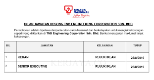 Lokasi untuk jawatan ini berkemungkinan di hq tnb di petaling jaya, selangor. Jawatan Kosong Terkini Tnb Engineering Corporation Kerani Kerja Kosong Kerajaan Swasta