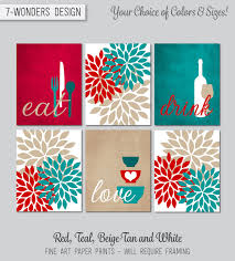 This listing is for the set of nine individual prints shown in the listing as digital files (no printed prints kitchen wall decals make great wall designs and room decors. Red Teal Tan Kitchen Wall Art Prints Eat Drink Love Flower Etsy In 2021 Kitchen Wall Art Tan Kitchen Walls Red Kitchen Decor