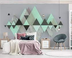 White and green bathroom features mint green paint on upper walls and all white subway tiles on lower walls lined with a white parsons mirror illuminated by white glass uplight sconces placed over a white marble top bath vanity. Wellyu Custom Wallpaper New 3d Mural Oboi New Geometric Triangle Mint Green Background Wall Papers Home Decor 3d Papel De Parede Wallpapers Aliexpress