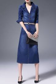 Nordicwinds Blue Tea Length Denim Dress With Belt Midi Dresses At Dezzal Belted Midi Dress Dresses Fashion