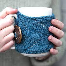 Knit coffee mug cozy with cable pattern, hand knitted. Ravelry Fancy Mug Cozy Pattern By Kirsten Hipsky
