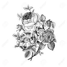 Anemone Clipart Black And White Floral Card Bouquet Of Roses Dogrose And Anemone Vintage Vector Illustration Classic Black And Flower Drawing Botanical Illustration Vintage Floral Cards
