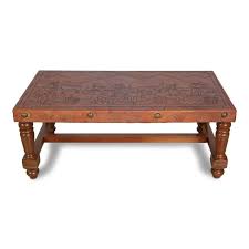 Tooled Leather Bench Or Coffee Table With South American Landscape Leather Coffee Table Coffee Table Leather Ottoman Coffee Table