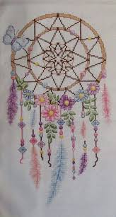 A fun, bright dreamcatcher cross stitch pattern depicting feathers, beads, and keys. Delightful Dreamcatcher Cross Stitch Chart Design Pattern Cross Stitch Flowers Cross Stitch Patterns Flowers Cross Stitch Designs