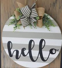Farmhouse Door Hanger Striped Round Hello Sign Round Door Etsy In 2020 Door Signs Diy Wooden Door Signs Door Decorations