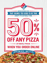50 Off Any Pizza Ordered Online At Dominos Via Promo Code 50off Fast Food Coupons Dominos Pizza Domino S Pizza