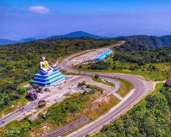 The abandoned Bokor Hill Station hotel on a misty day.
