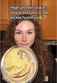 High protein snack idea and (asmr)😋It's simple, quick, easy and  delicious🤤My favorite snack: unique pretzel shells & dill pickle  hummus🥒🥨My daily goto for a flavorful, healthy bite. It’s a savory ...