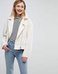 Asos Faux Leather Borg Biker Jacket Cream Womens Clothing Stores Clothes Biker Jacket