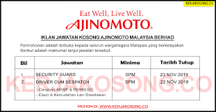 Jawatan kosong terkini dewan bahasa dan pustaka (dbp) ambilan november 2020. Jawatan Kosong Ajinomoto Malaysia Berhad