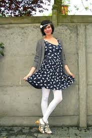 Black And White Polka Dot Dress With Black Tights Blue Dress White Tights Beige Shoes Gray Cardigan White Accessories Fashion Tights Girly Dresses White Pantyhose