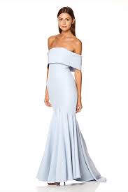 valentina bardot maxi dress with fishtail train