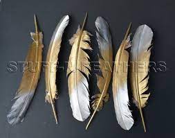 Gold Silver Feathers Large Painted Real Turkey Feathers For Millinery Wedding Party Table Decor 10 14 In 25 35 Cm Long F171gs Silver Feather Feather Painting Wedding Party Table Decorations