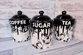 Skull Storage Canisters Tea Coffee Canister Sugar Jars Storage Pots Ceramic Pot Container Kitchen Flour Pot Hand Painted Gothic Goth Coffee Storage Containers Coffee Storage Kitchen Storage Canisters
